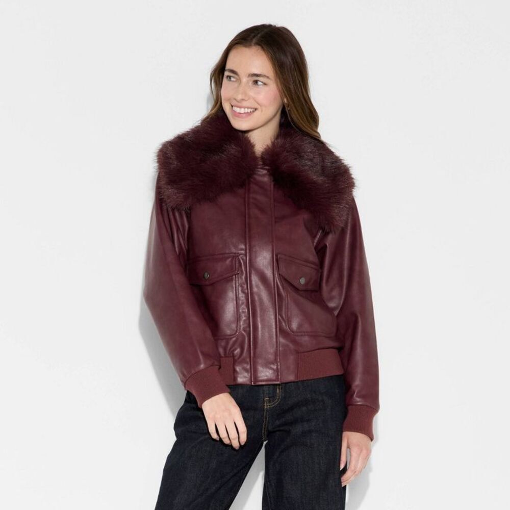 Women's Faux Leather Bomber Jacket - Wild Fable Red XL